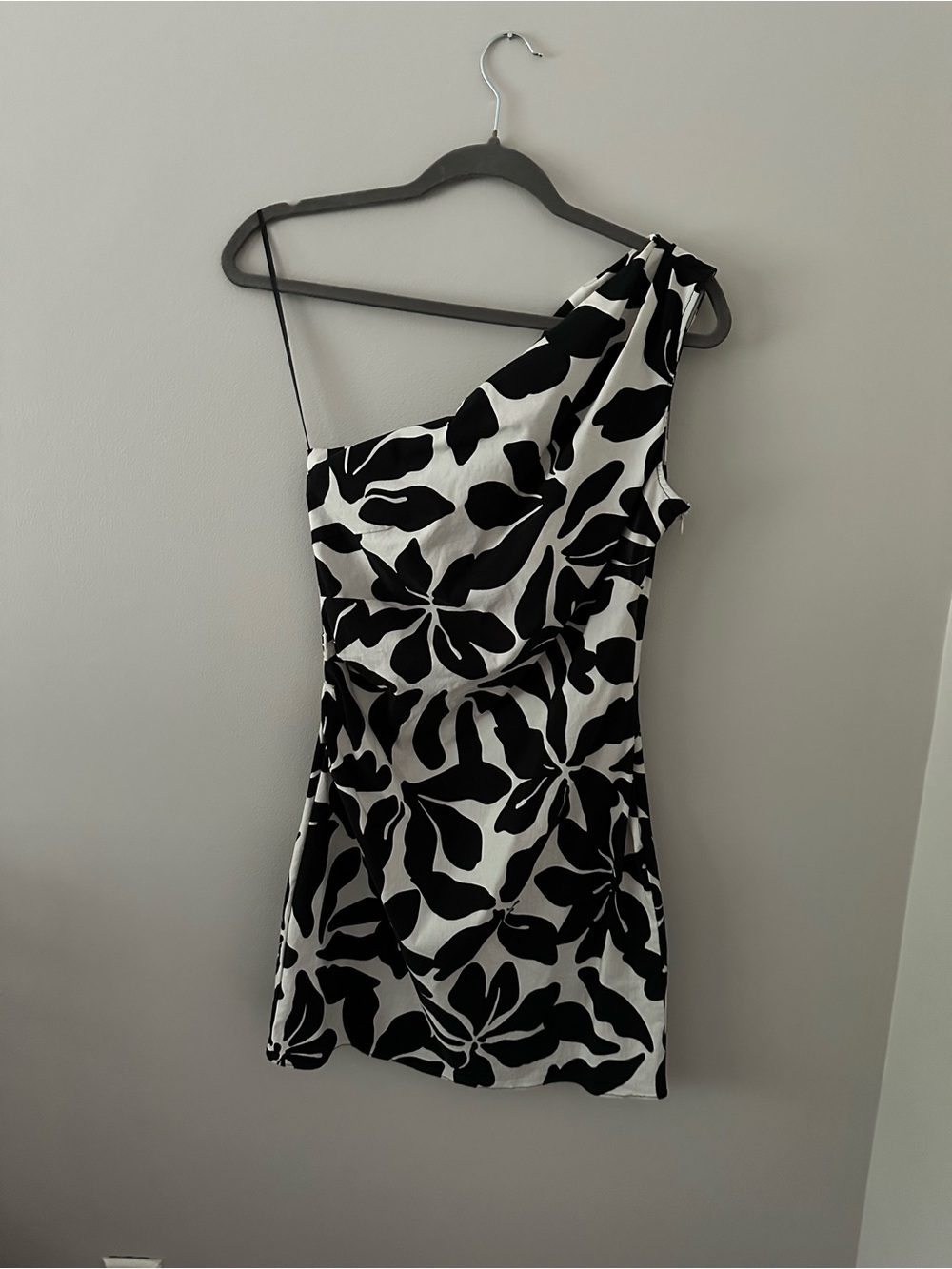 Mango One-Shoulder Black & White Floral Mini Dress